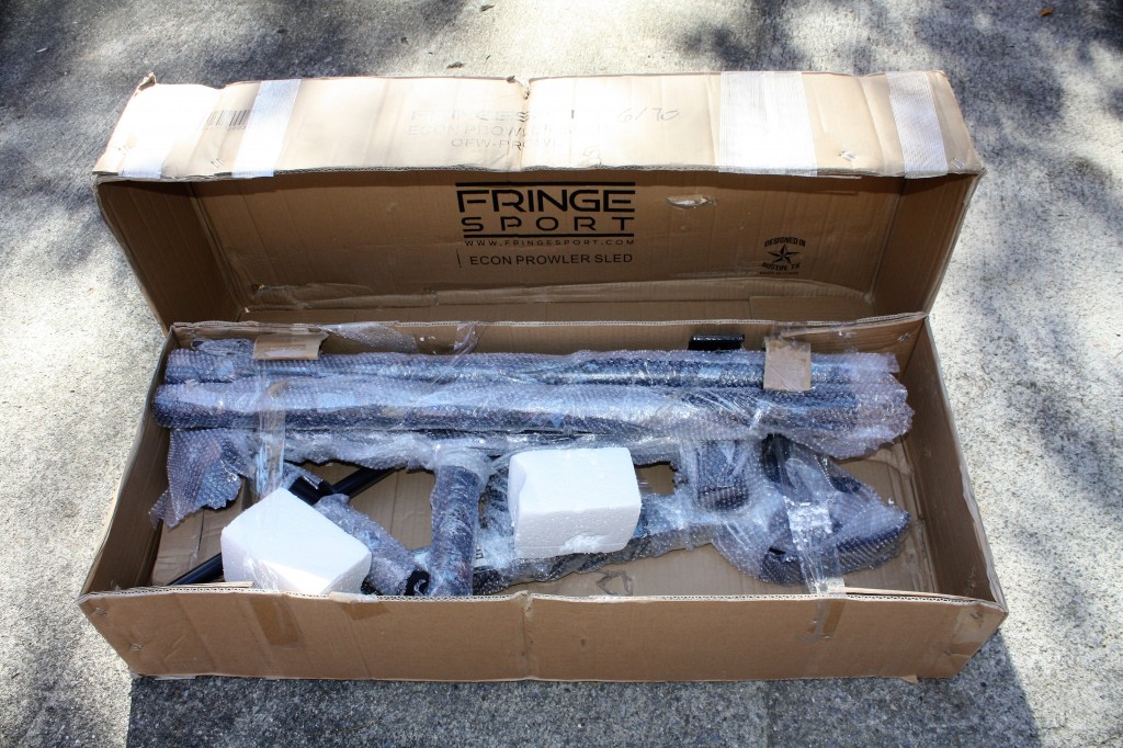 Fringe Sport Econ Prowler Sled packaging - bubble wrap and foam padding on the inside to protect it