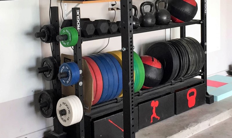 Garage gym weight storage rack for bumpers, change plates, kettlebells, and med balls