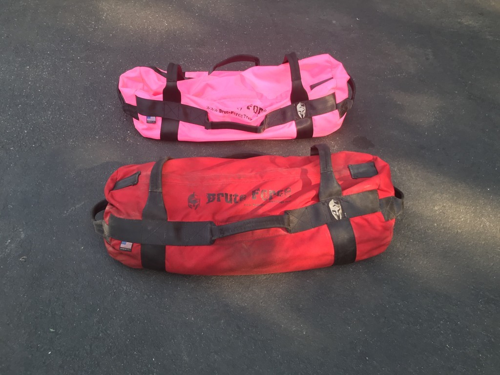 Filled 30lb and 50lb Brute Force sandbags for sandbag weight training, Athlete model