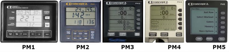 all the concept 2 performance monitors: PM1, PM2, PM3, PM4 and PM5