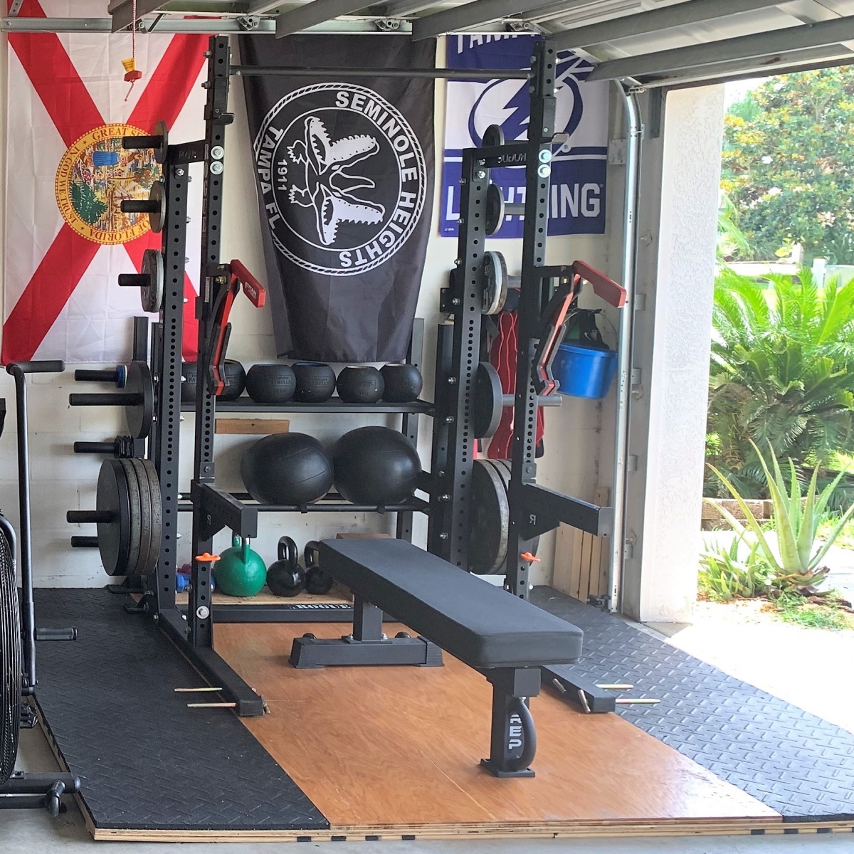 Rogue SML-2 half rack with extension, and Rep FB-5000 Flat Bench