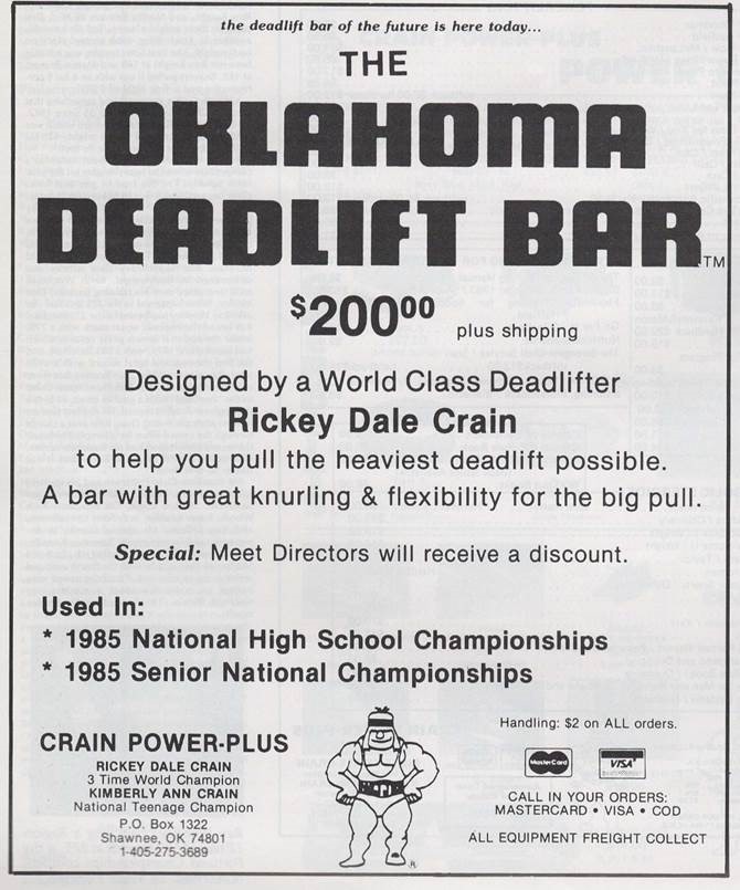 1985 vintage advertisement for Oklahoma / Okie Deadlift Bar by Rickey Dale Crain