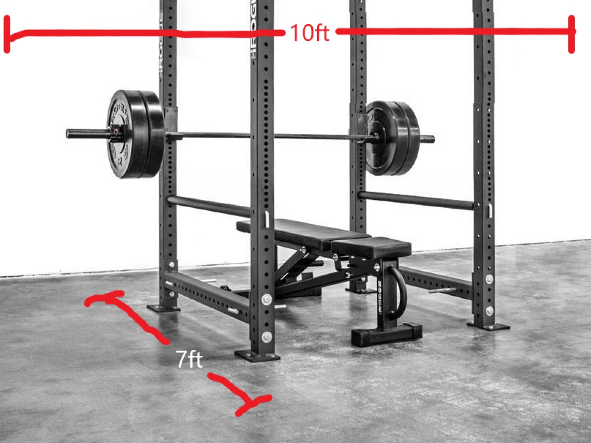 Minimum area required for gym with a power rack and bench