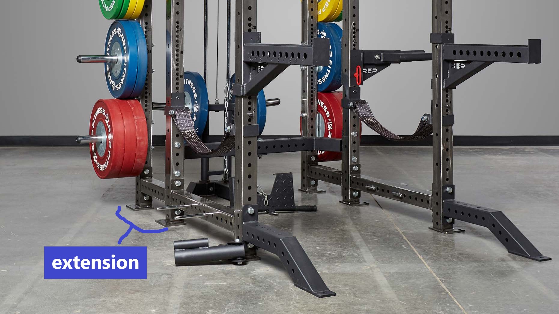 Extension on a power rack for stability and plate storage